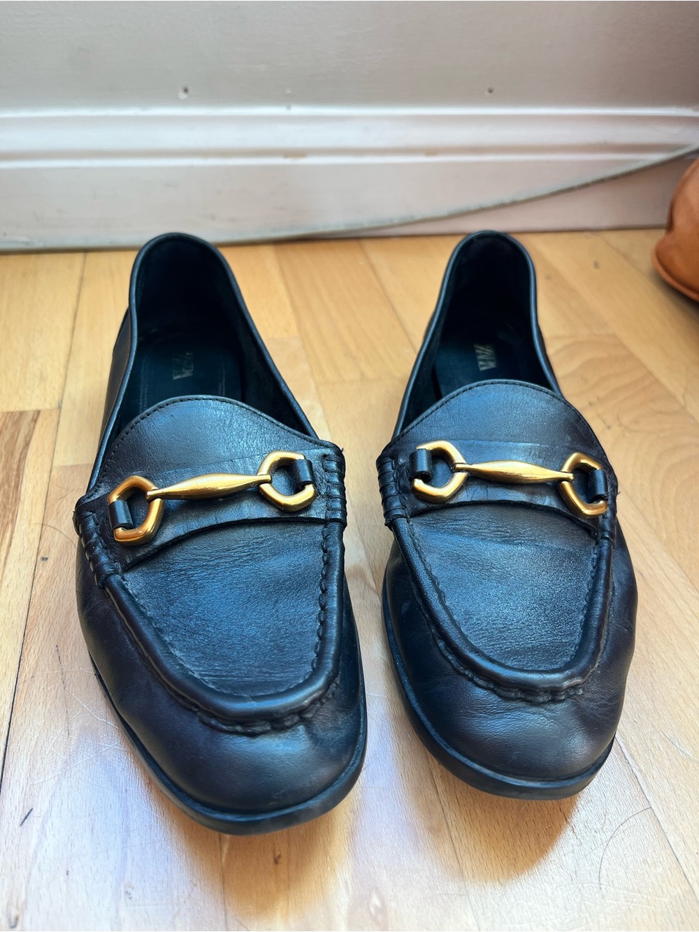 Zara Women’s Black Leather Loafers with Gold Horsebit Accent